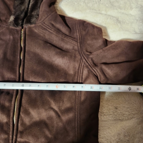 Sonoma Life+Style Womems Sz L Coat Brown Faux Suede & Fur Lined Hooded Pockets - Picture 11 of 12